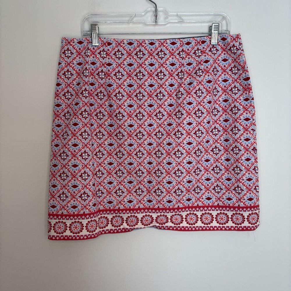 TALBOTS Pencil Skirt Womens 12 Red Blue Floral Geometric Lined Side Zip Hook/Eye - Picture 1 of 6